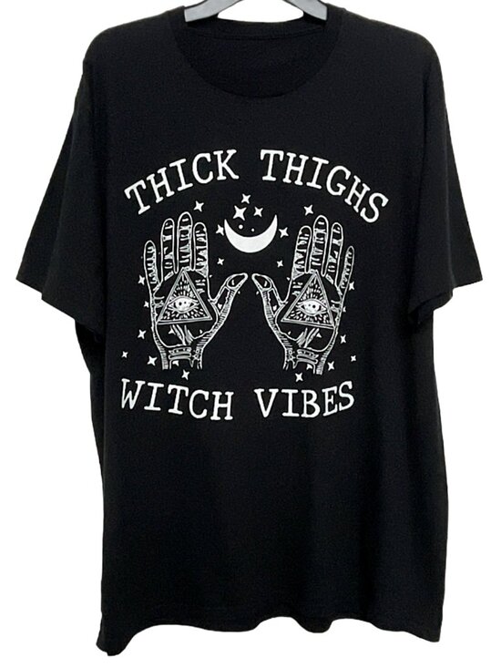 Tops - Thick Thighs Witch Vibes Graphic T-Shirt Black Oversized Tee